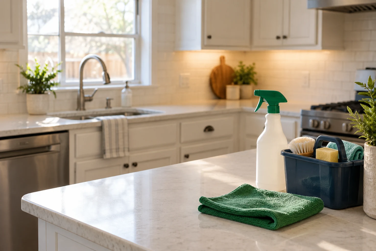A clean kitchen with a microfiber cloth and neatly arranged cleaning supplies