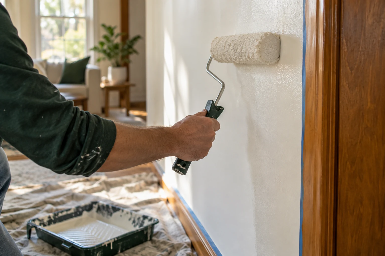 A paint roller applying a fresh coat beside protected wooden trim