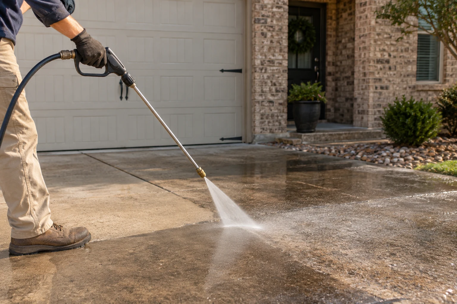 A pressure-washing wand cleaning a concrete driveway